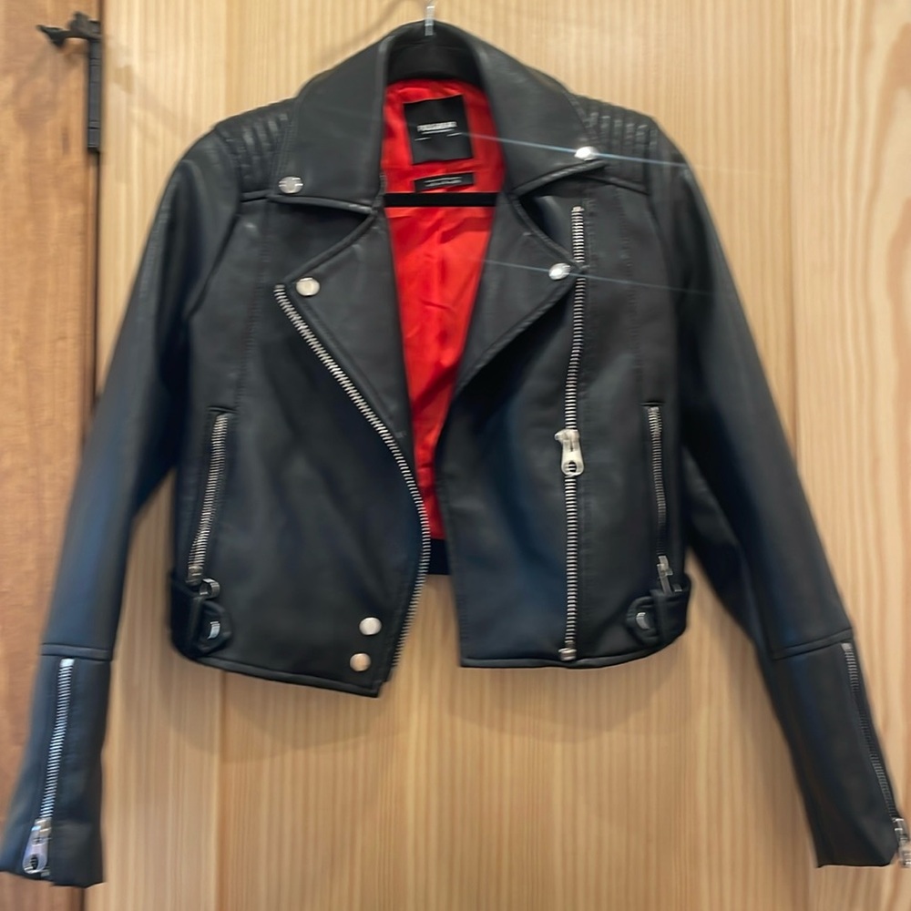 Pull&Bear Black leather biker jacket with zippers size S